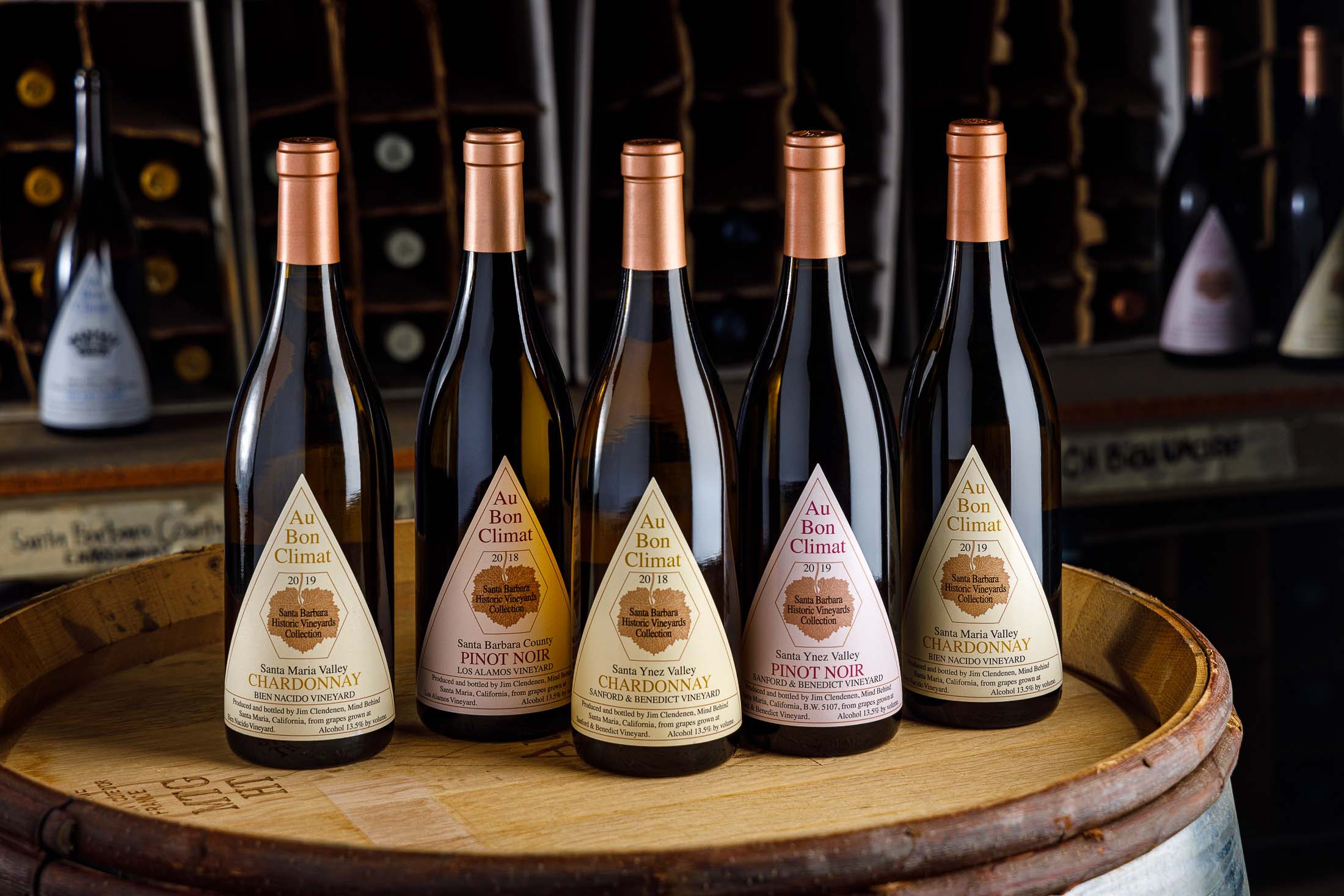 A collection of "Historic Vineyards Wines" from Au Bon Climat including Bien Nacido vineyard, Sanford & Benedict vineyard, and Los Alamos vineyard